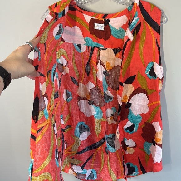 Sigrid Olsen Floral Linen Orange Sleeveless Top Size L Button Down - Picture 4 of 12